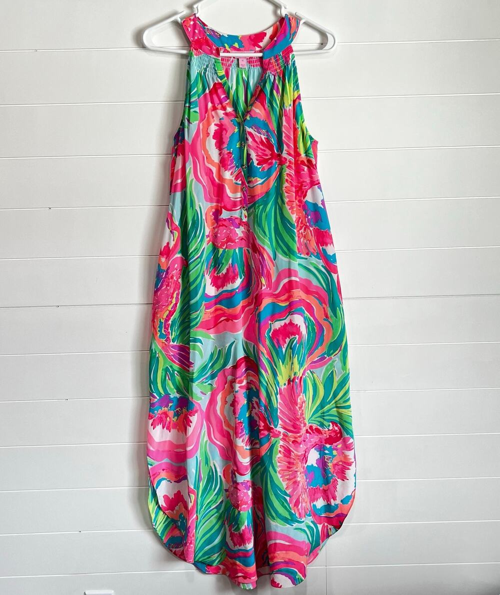 Lilly Pulitzer Silk Bailey Floral Print Midi Dress size Medium Pink Green